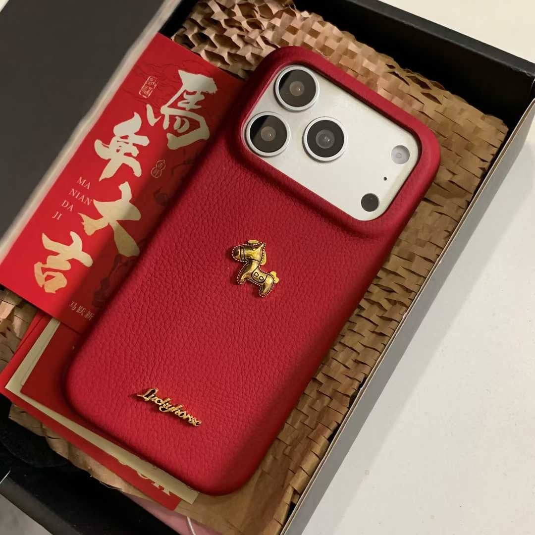Premium Red Leather iPhone Case with Golden Horse | Slim & Stylish Cover