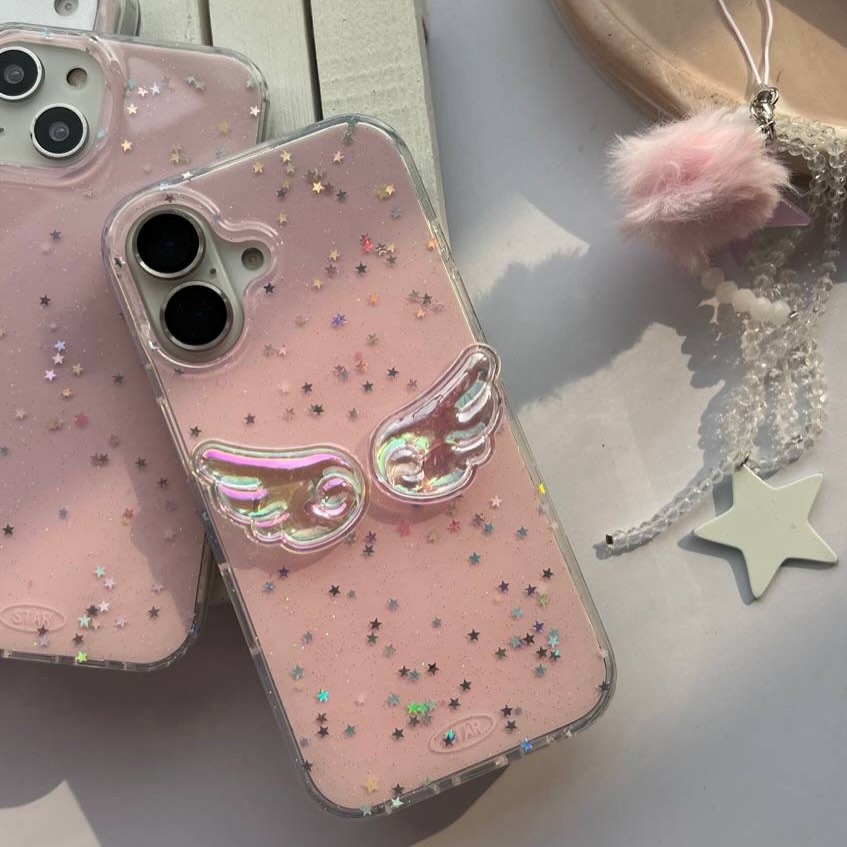 Angel Wings Pink iPhone Case – Glitter Star Design with Furry Pom-Pom & Star Charm