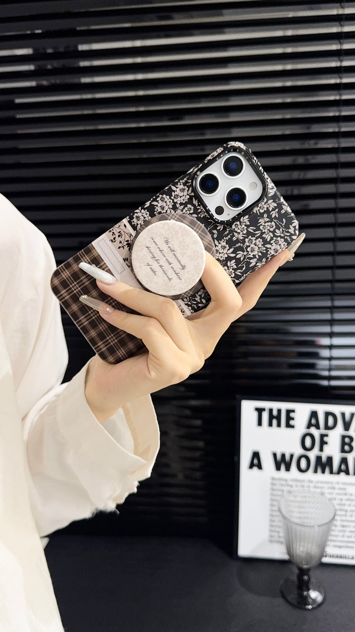 Brown Floral Plaid magnetic MagSafe iPhone Case – Soft Matte Cover with Grip Holder