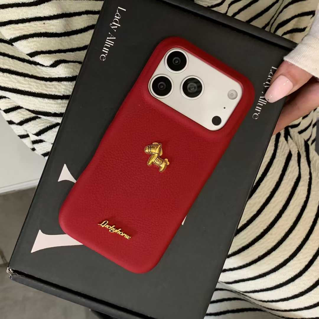 Premium Red Leather iPhone Case with Golden Horse | Slim & Stylish Cover