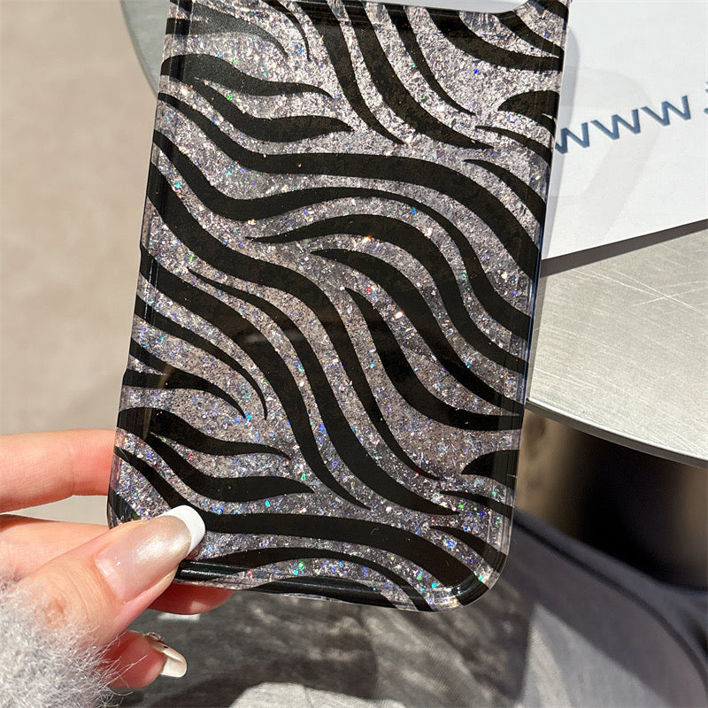Chic Black & Silver Zebra Glitter Case – Bold Aesthetic Protective Cover