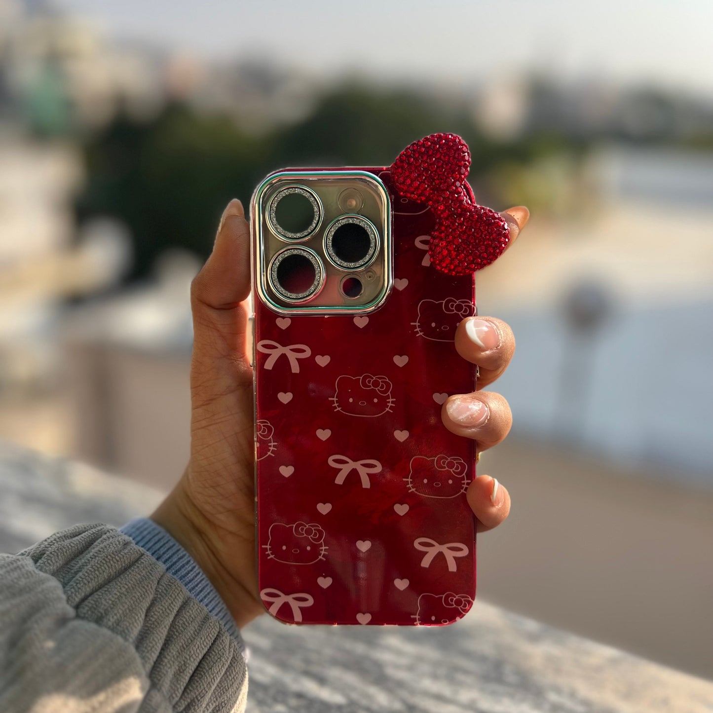 Red Cute Bow Printed iPhone Case with Sparkle Camera Protection