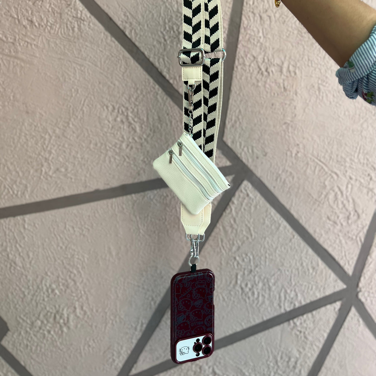 Black and White Pattern Crossbody Phone Belt with Small Zip Pocket