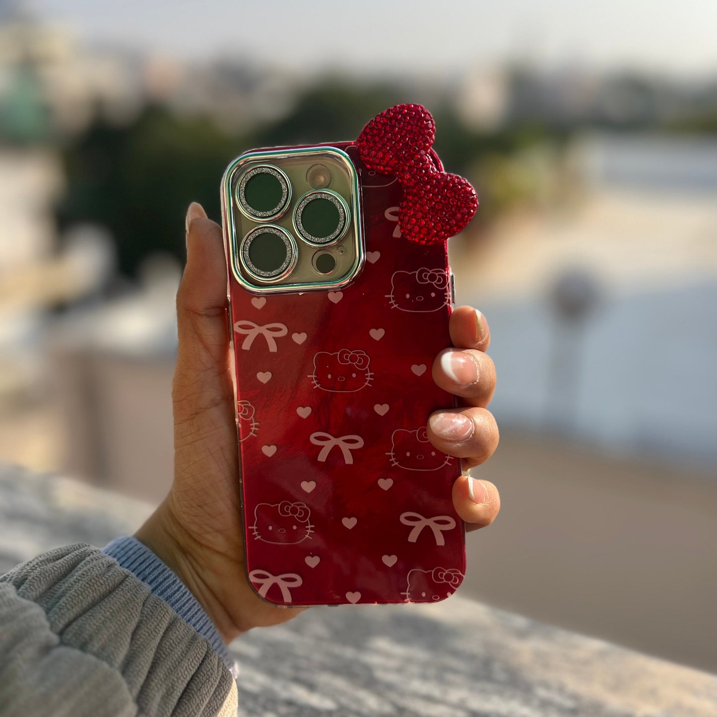 Red Cute Bow Printed iPhone Case with Sparkle Camera Protection