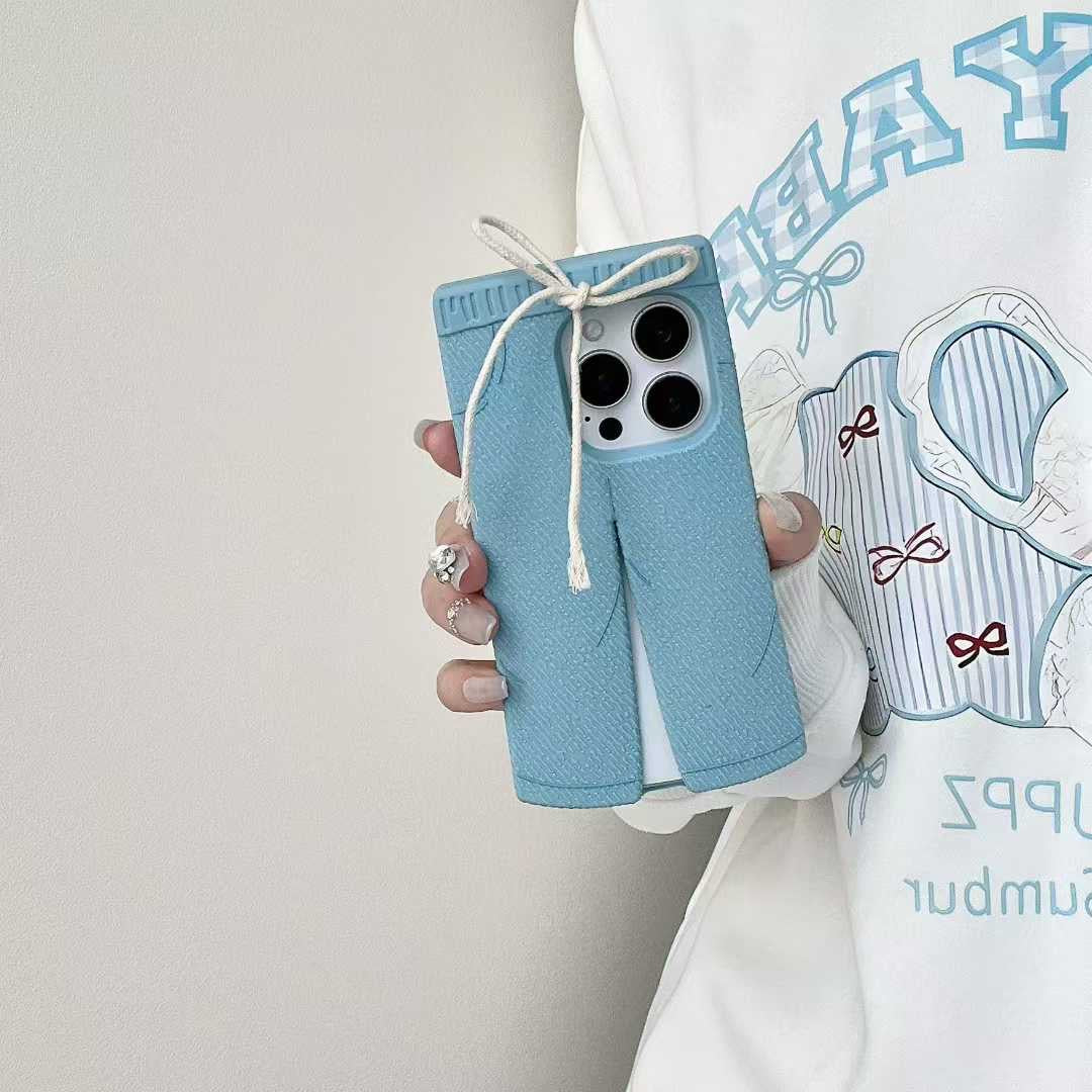 Trendy Blue Pants-Style Phone Case with Cute Drawstring Design