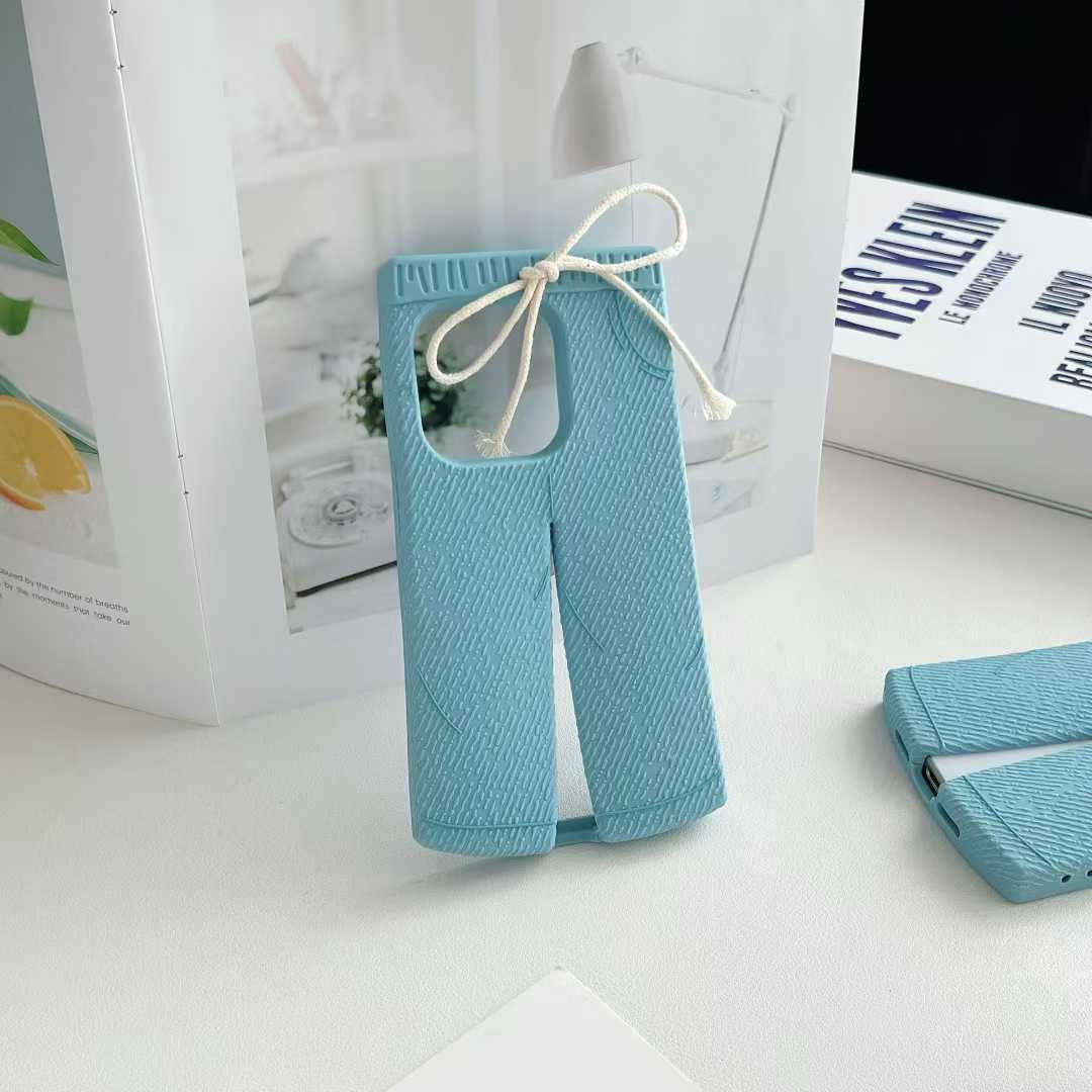 Trendy Blue Pants-Style Phone Case with Cute Drawstring Design