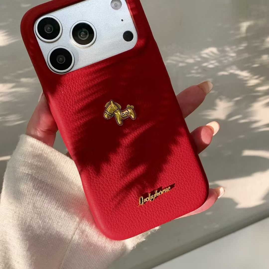 Premium Red Leather iPhone Case with Golden Horse | Slim & Stylish Cover