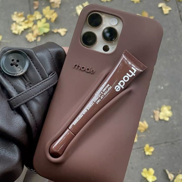 Soft Brown iPhone Case with Built-In Lip Balm Holder—Simple, Stylish, and Protective