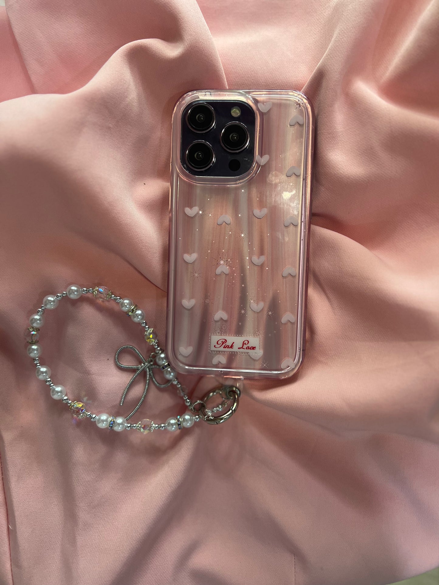 Pink Love Heart Case with Pearl String