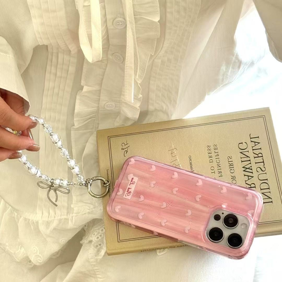 Pink Love Heart Case with Pearl String