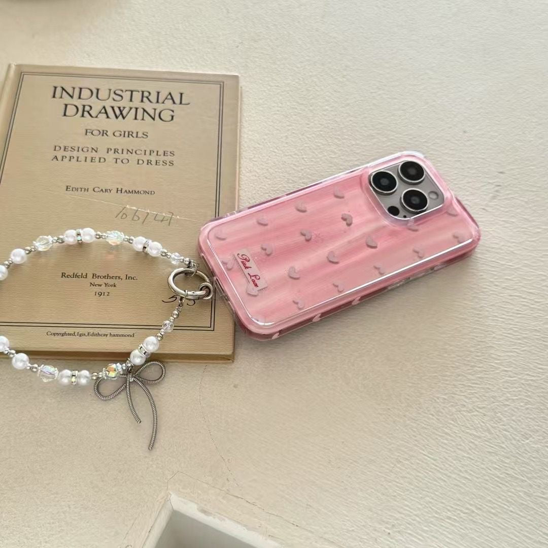 Pink Love Heart Case with Pearl String