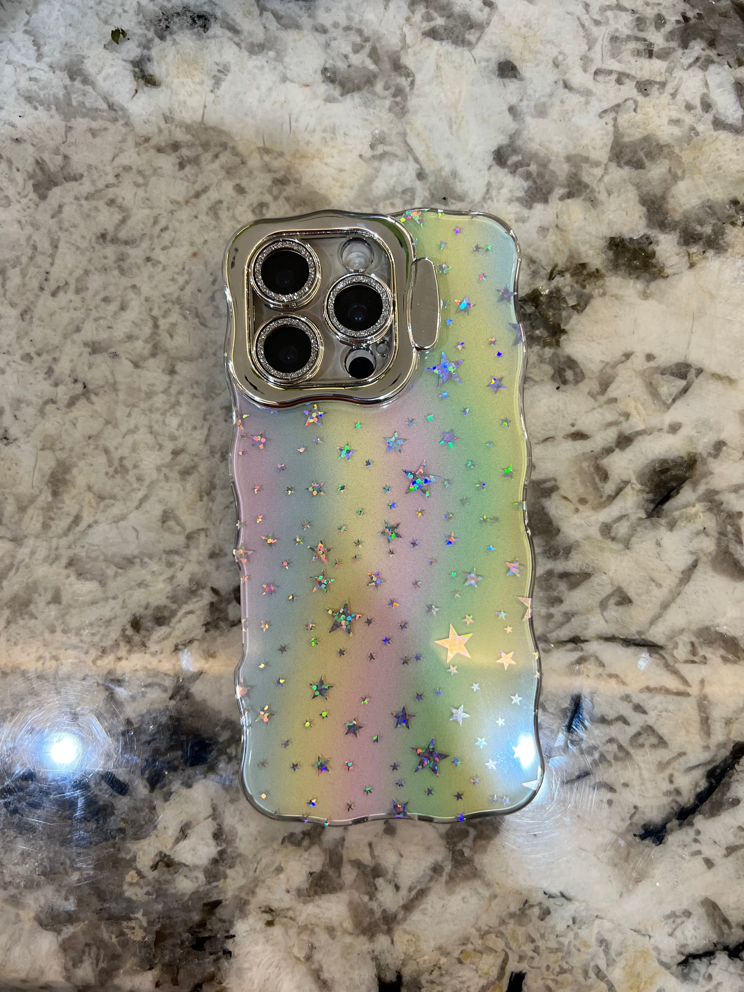 Holographic Pastel Starry Phone Case – Glitter Rainbow Protective Cover ✨🌈