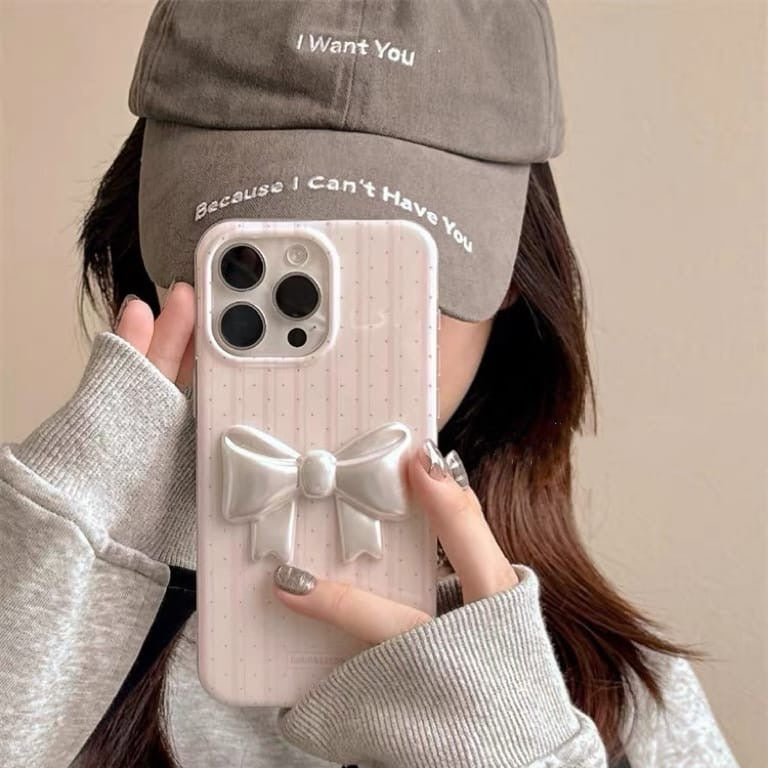 Pink Striped Phone Case with 3D White Bow & Wrist Strap – Cute & Protective Design