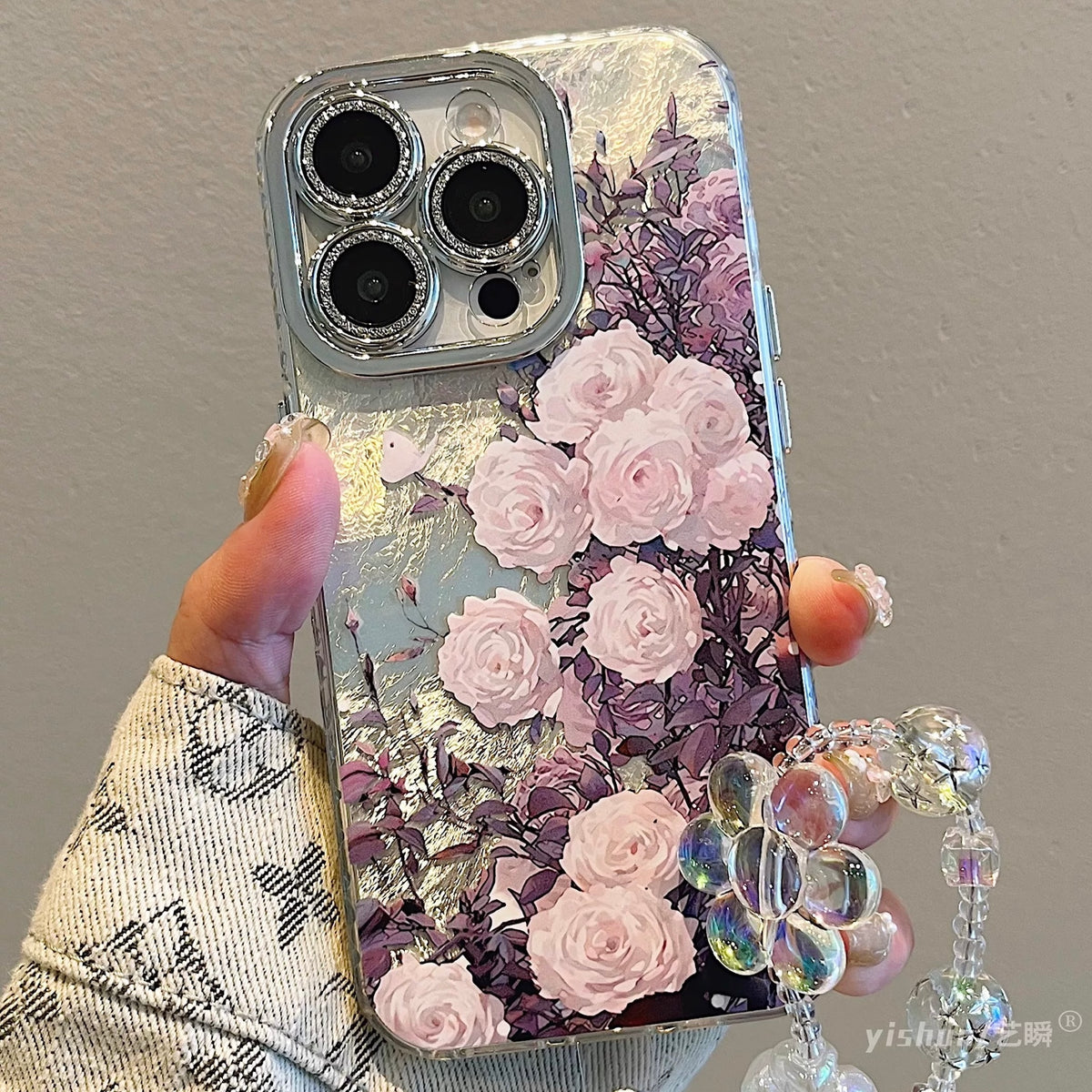 Elegant Floral iPhone Case with Hand Strap Chain – Shockproof, Stylish & Protective Cover