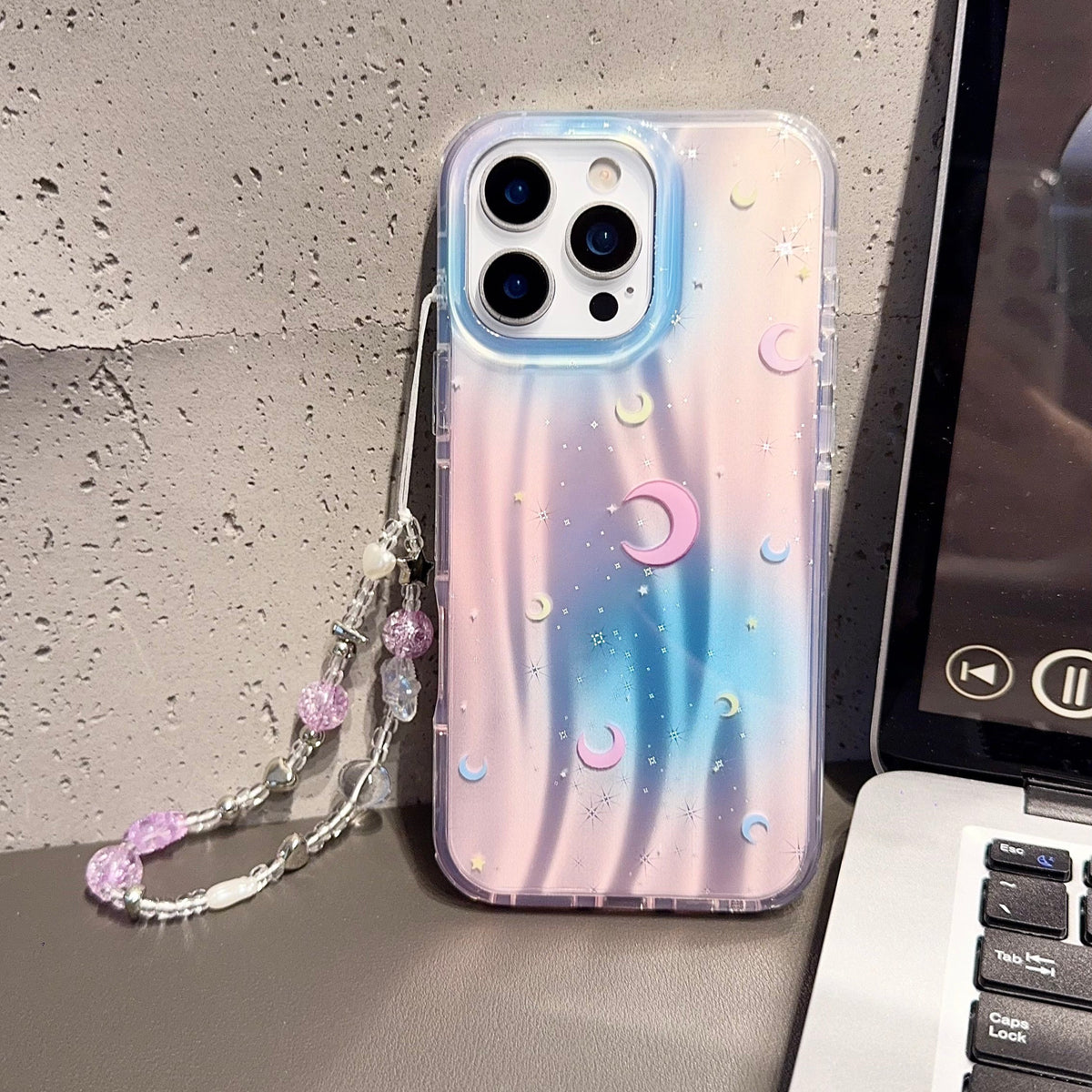 Holographic Moon & Stars iPhone Case with Beaded Wrist Strap – Pastel Gradient Cover