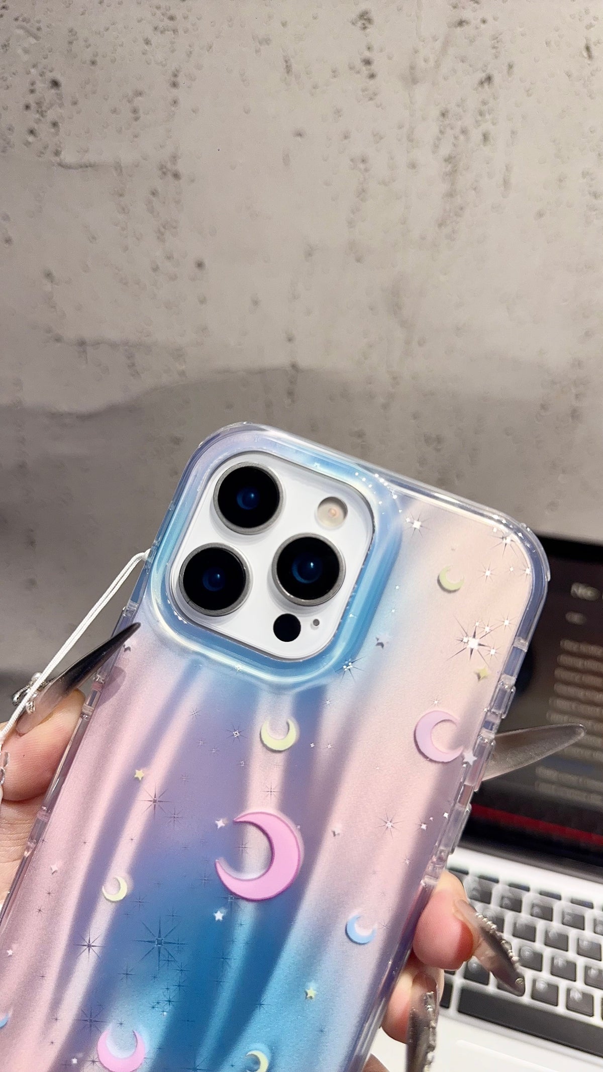 Holographic Moon & Stars iPhone Case with Beaded Wrist Strap – Pastel Gradient Cover