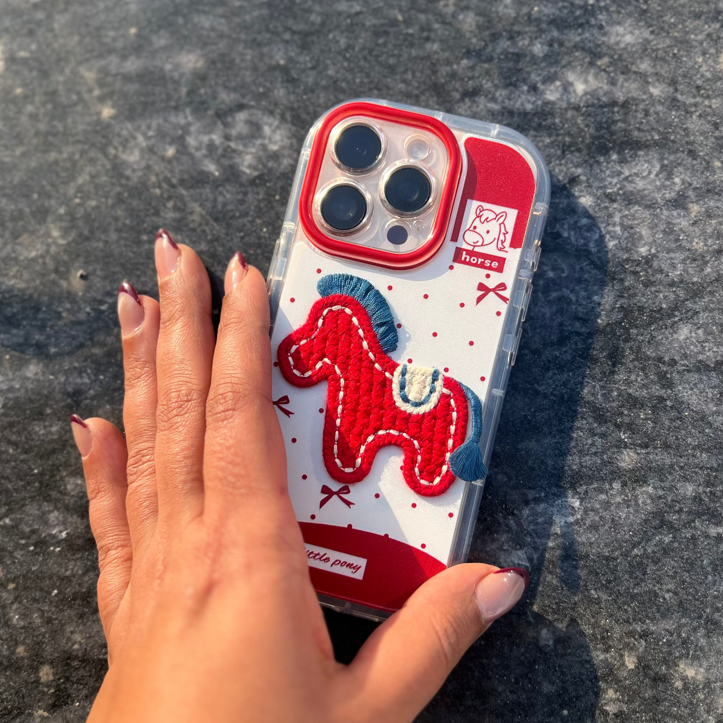 Red Pony Horse Embroidered iPhone Case with Camera Guard