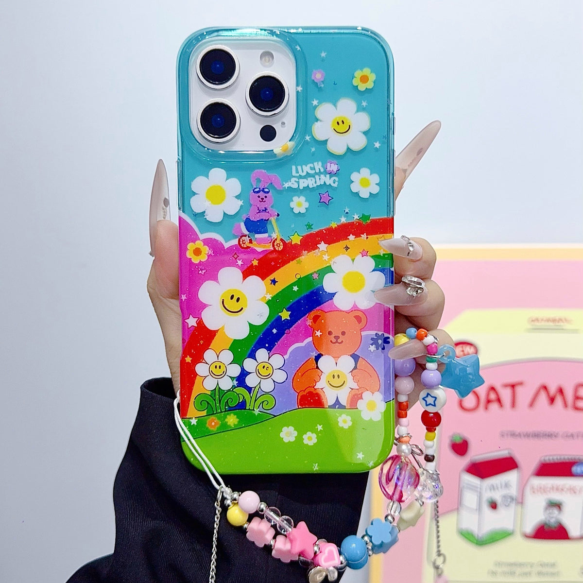 Colorful Rainbow Cartoon iPhone Case with Beaded Charm Strap