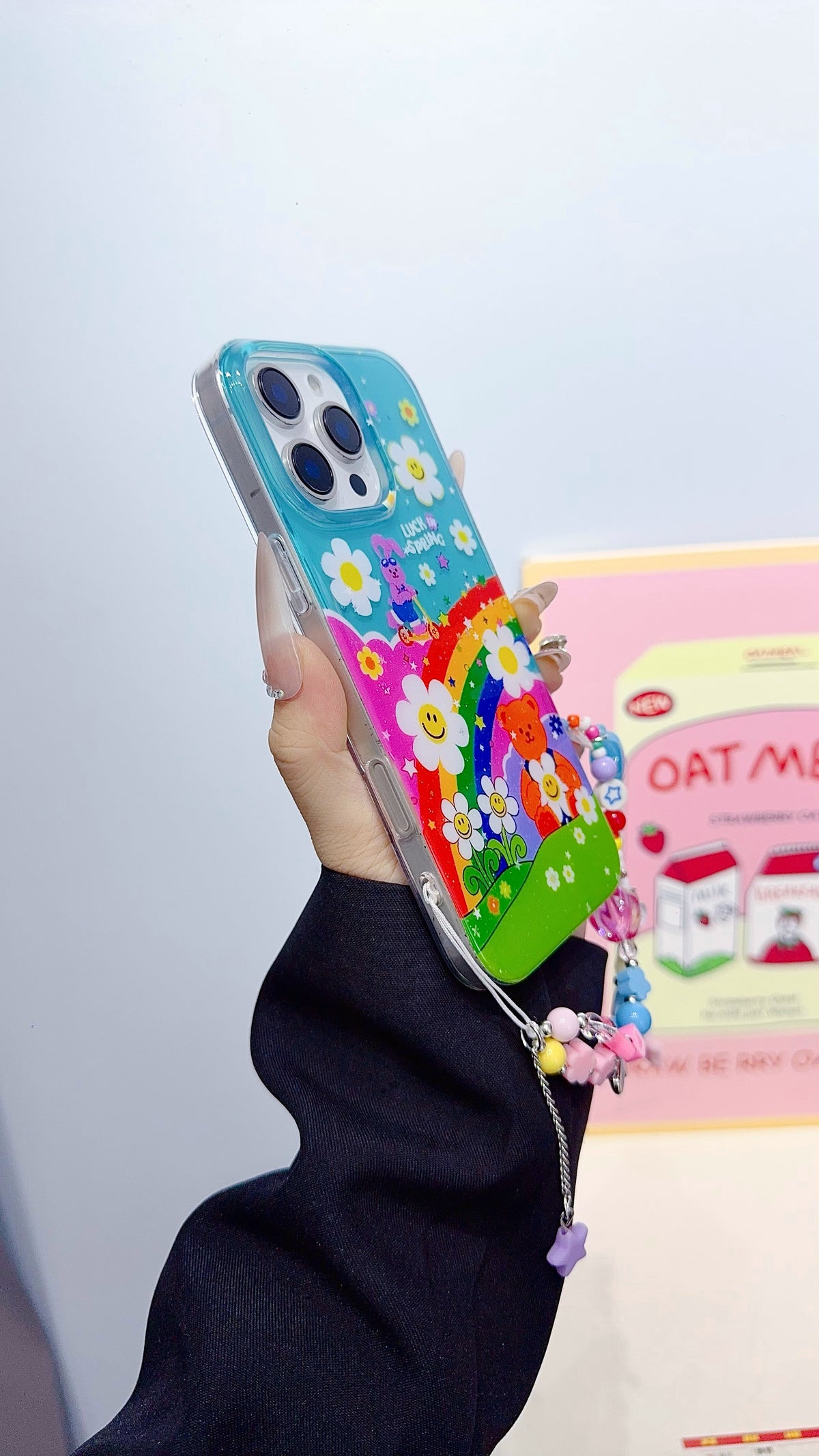 Colorful Rainbow Cartoon iPhone Case with Beaded Charm Strap