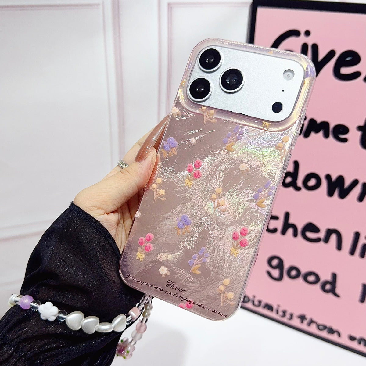Floral Clear iPhone Case with Beaded Charm | Cute & Protective Phone Cover