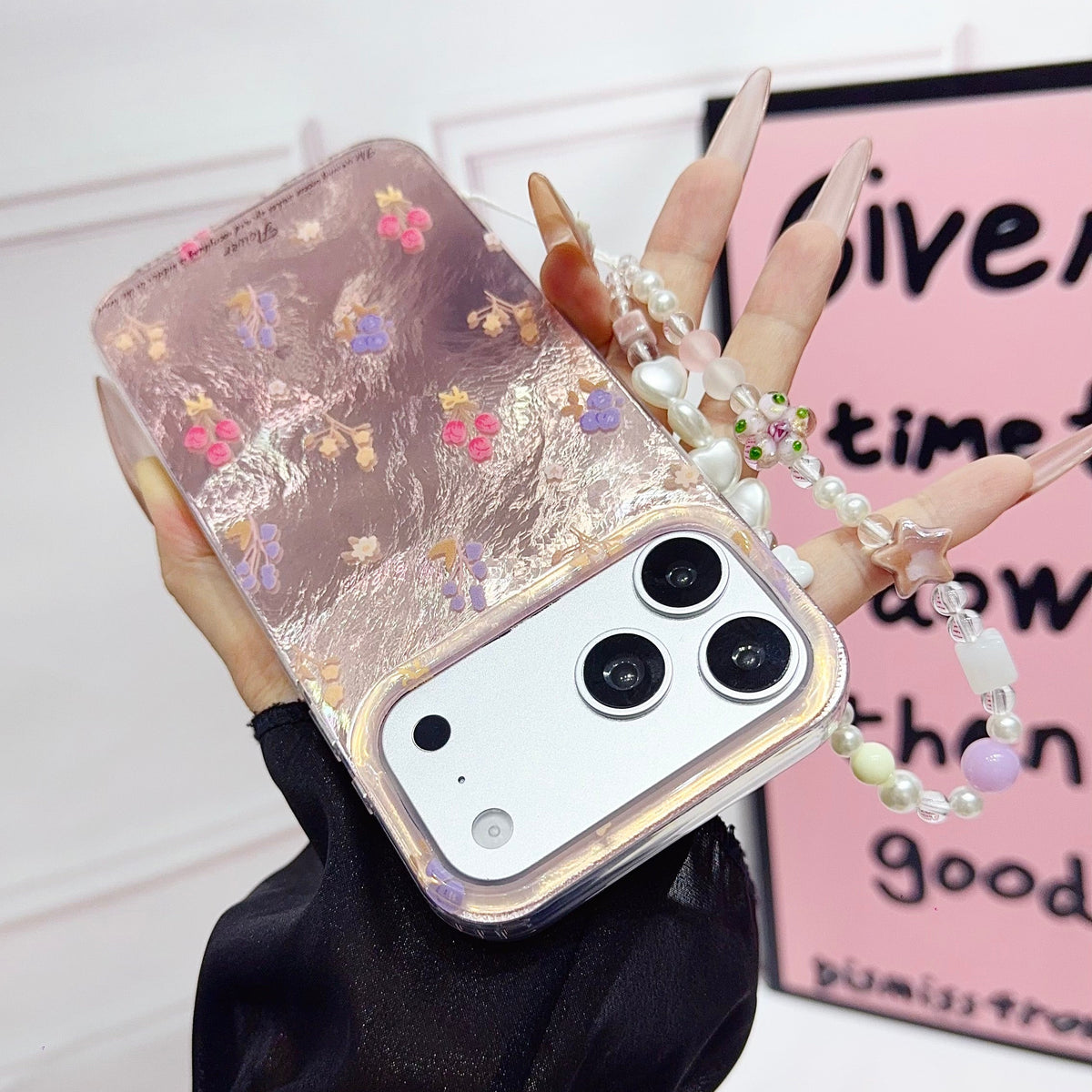 Floral Clear iPhone Case with Beaded Charm | Cute & Protective Phone Cover