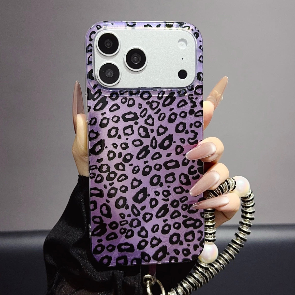 Purple Leopard Print iPhone Case with Charm Strap | Stylish Protective Phone Cover