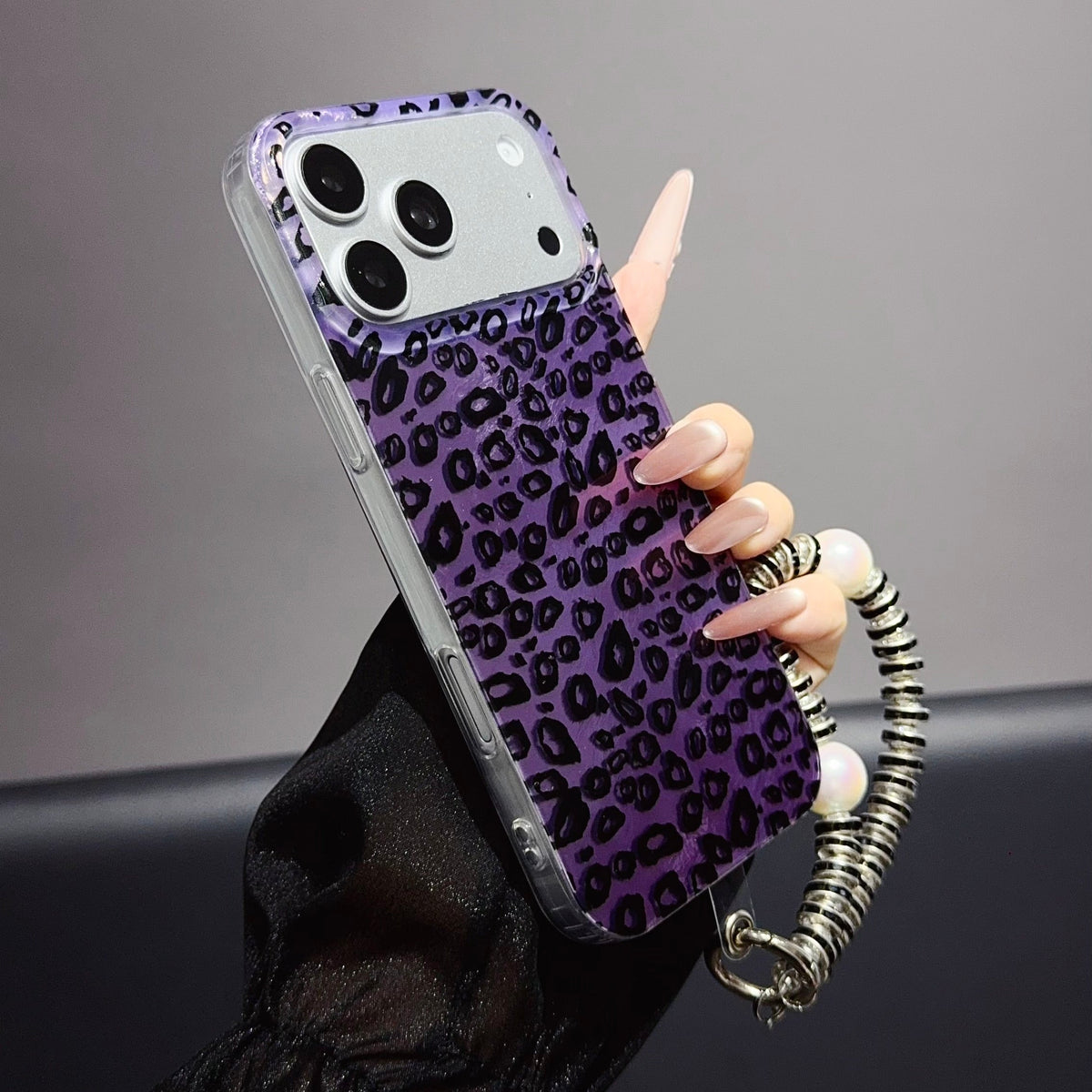 Purple Leopard Print iPhone Case with Charm Strap | Stylish Protective Phone Cover