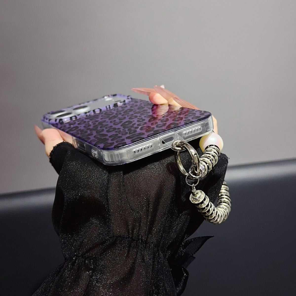 Purple Leopard Print iPhone Case with Charm Strap | Stylish Protective Phone Cover