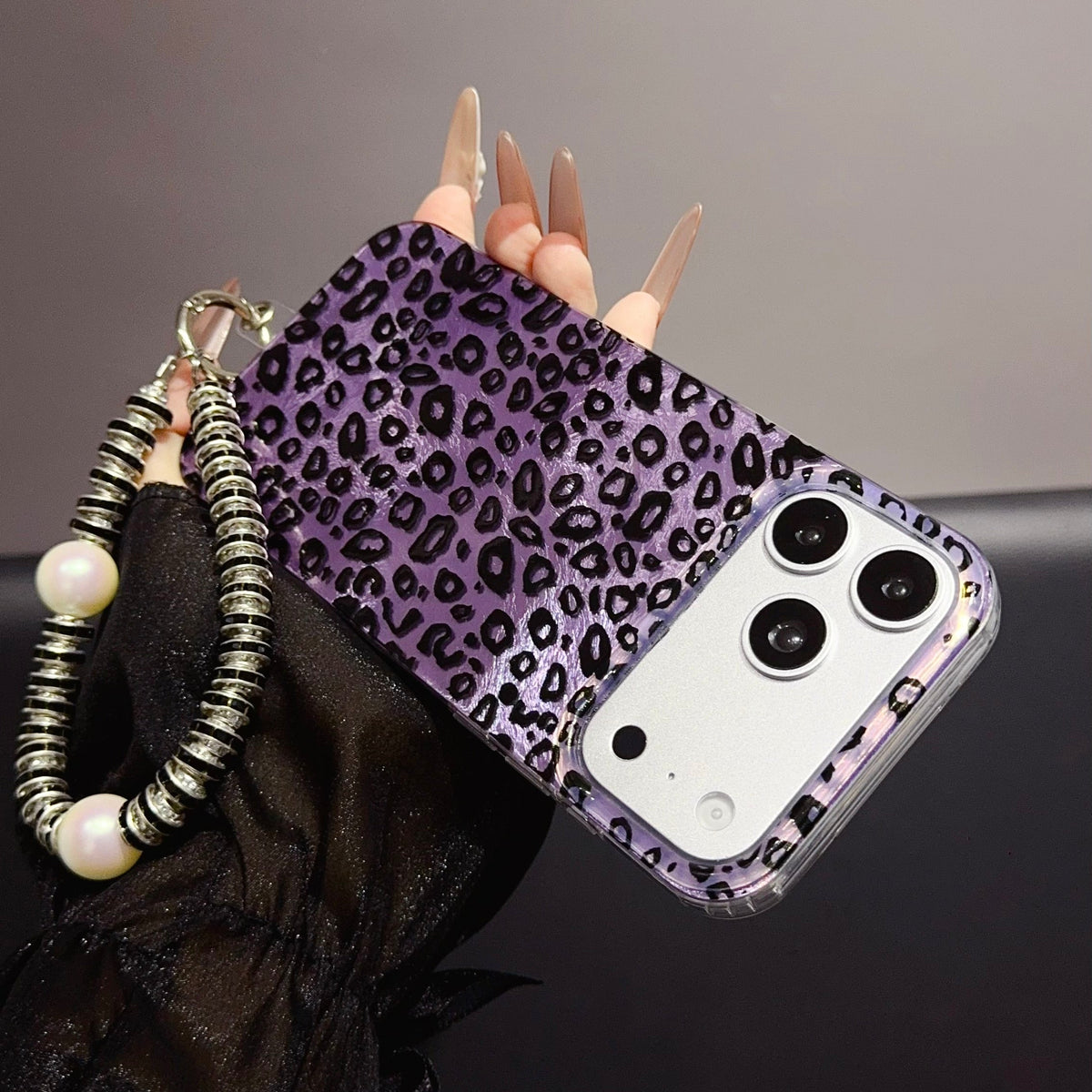 Purple Leopard Print iPhone Case with Charm Strap | Stylish Protective Phone Cover
