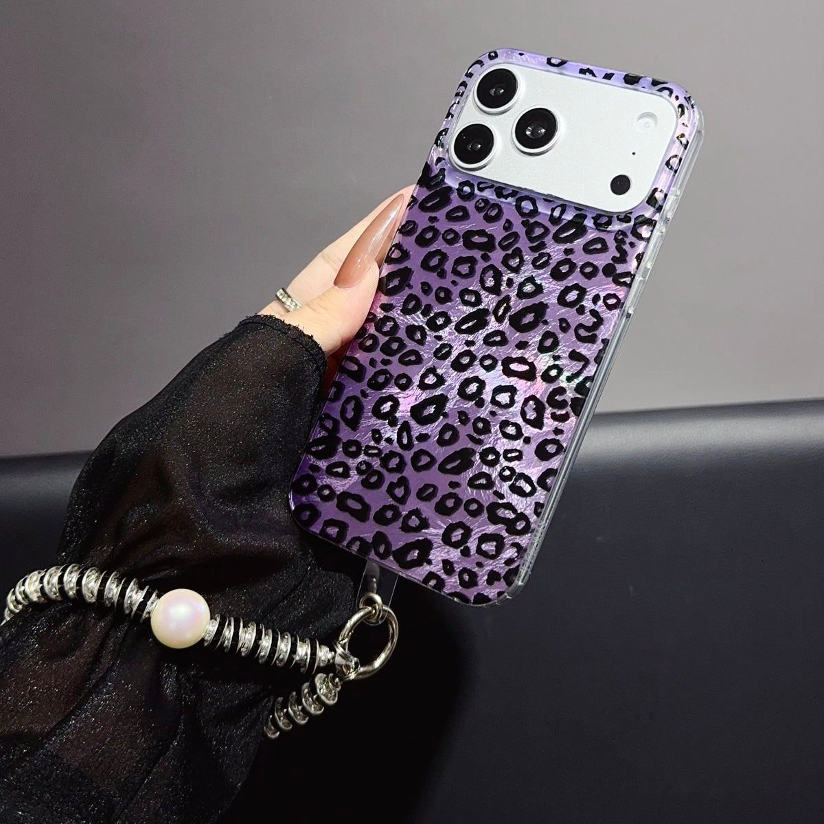 Purple Leopard Print iPhone Case with Charm Strap | Stylish Protective Phone Cover