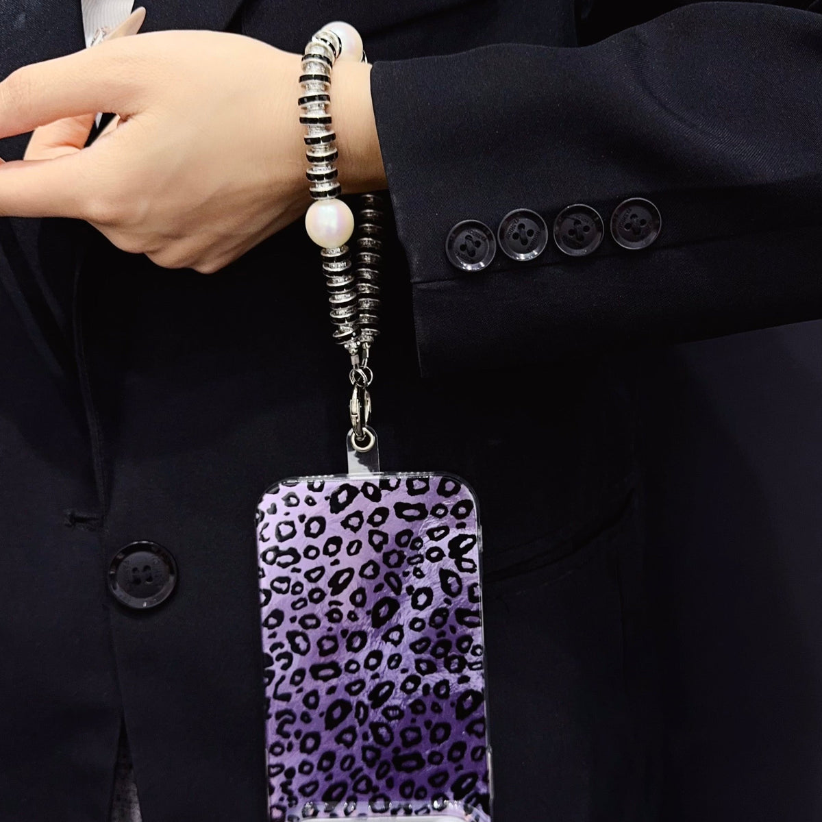 Purple Leopard Print iPhone Case with Charm Strap | Stylish Protective Phone Cover