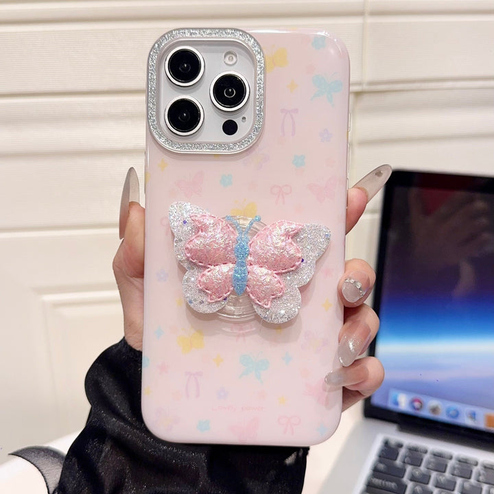 Pastel Butterfly 3D Glitter iPhone Case – Cute & Protective Cover for Girls with hand grip