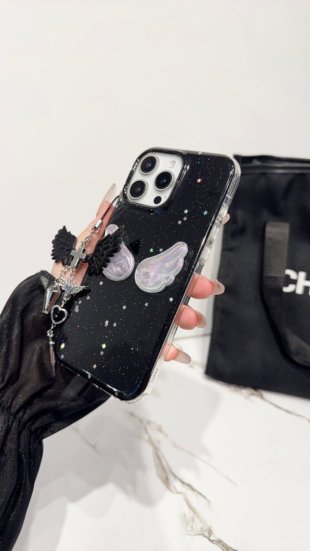 Midnight Angel Wings iPhone Case – Black Glitter Galaxy Design with Gothic Charm