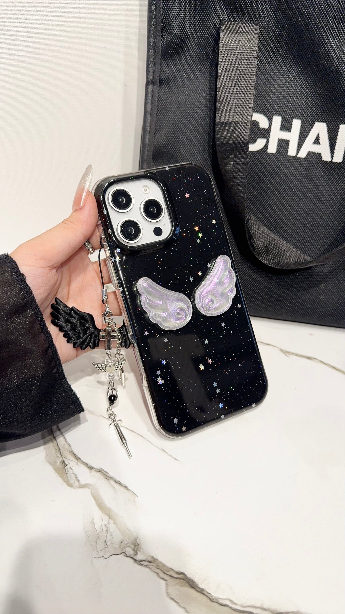 Midnight Angel Wings iPhone Case – Black Glitter Galaxy Design with Gothic Charm
