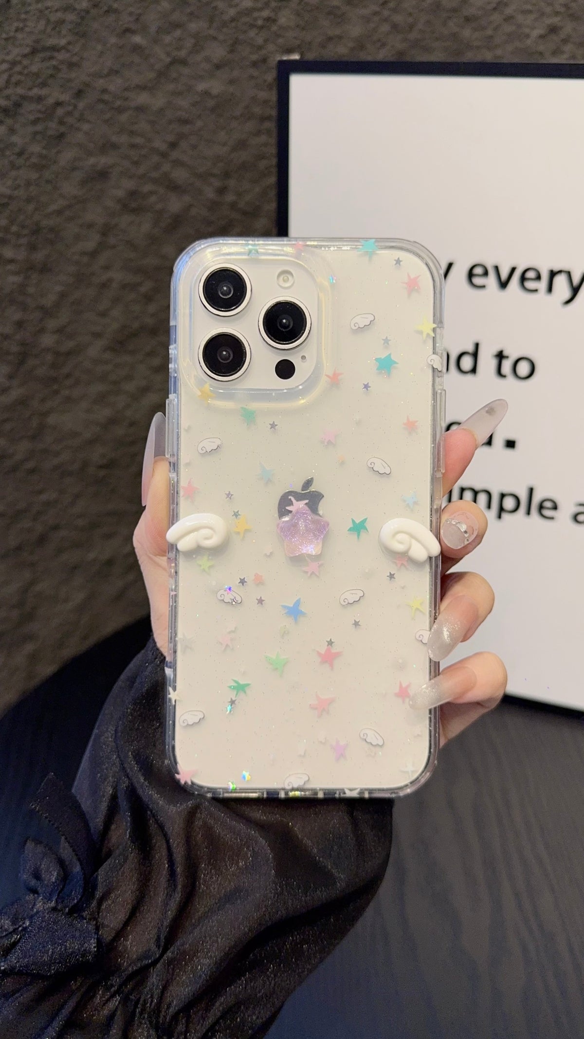Pastel Star Angel iPhone Case – Clear Soft Cover with Mini Wings & Glitter Design