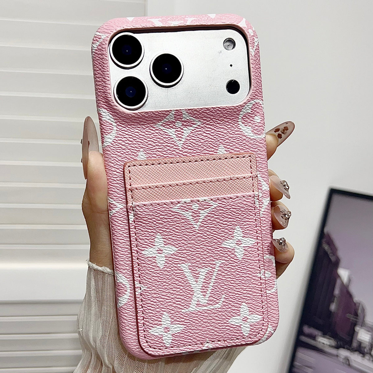 Premium Leather Wallet iPhone Case – Elegant Monogram Design with attached Card Holder
