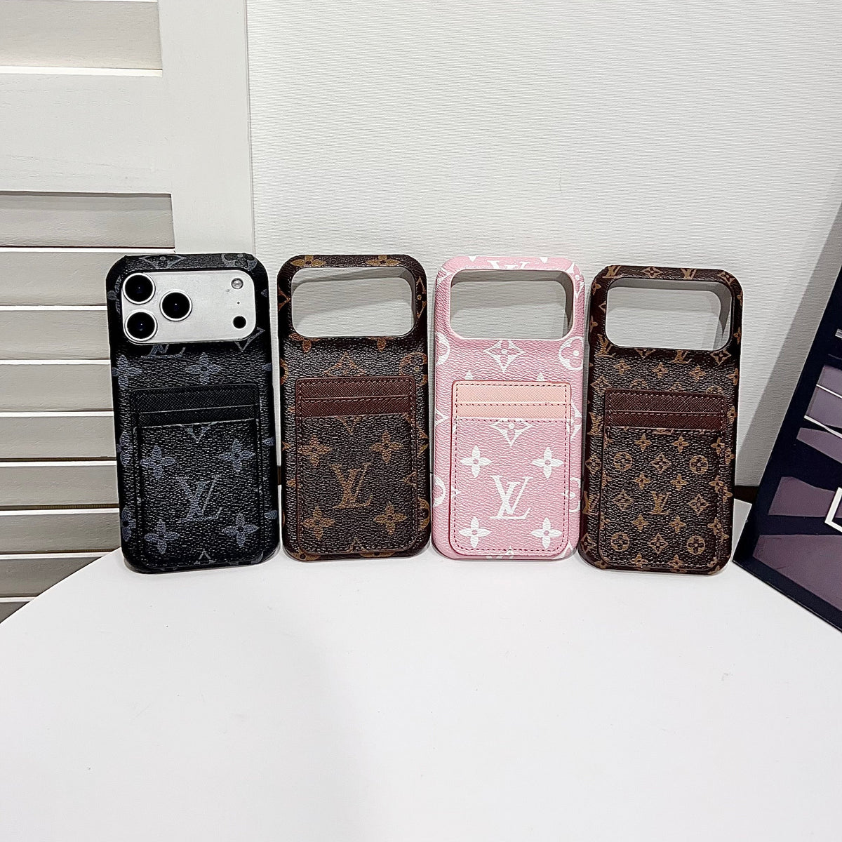 Premium Leather Wallet iPhone Case – Elegant Monogram Design with attached Card Holder