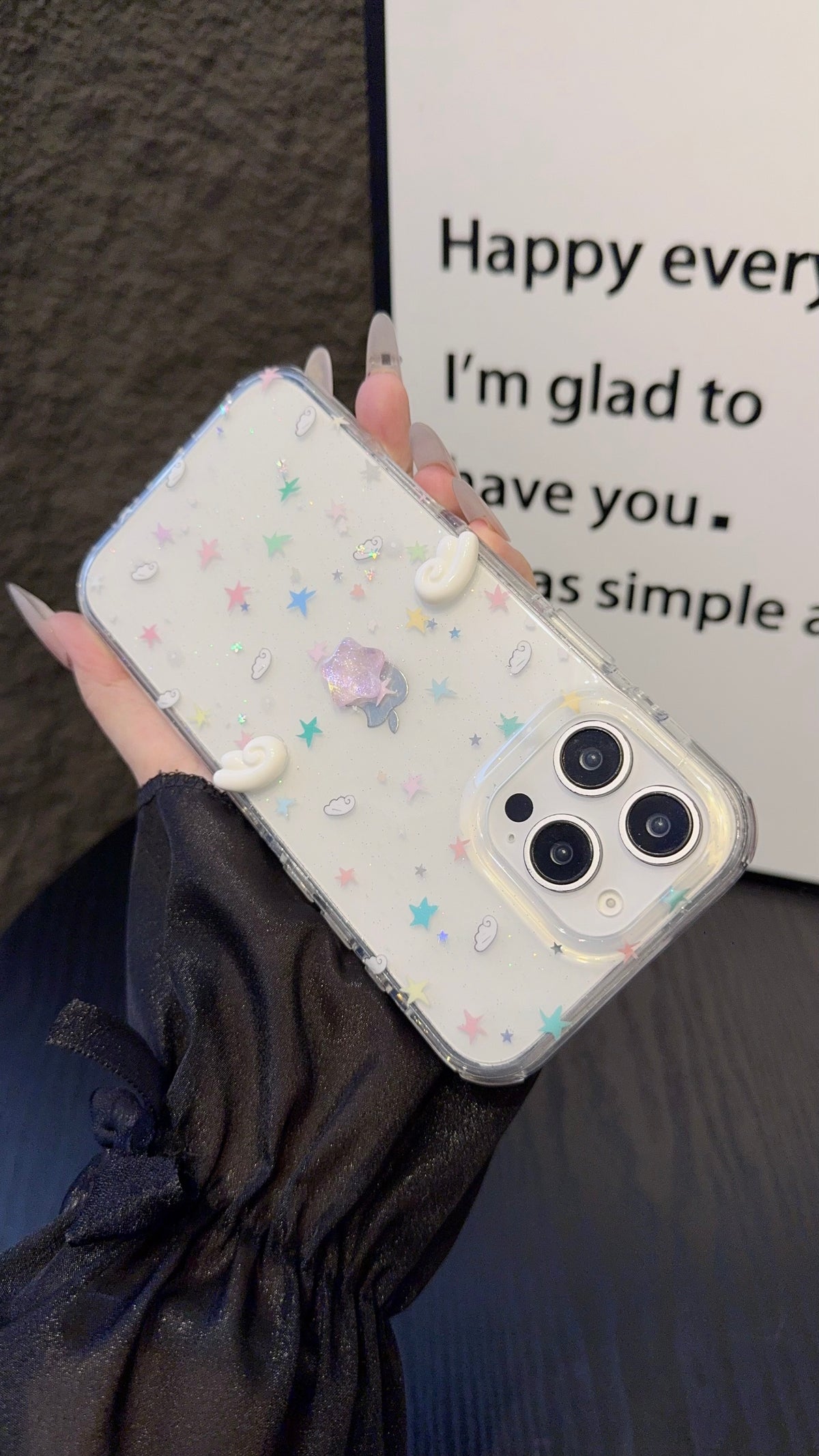 Pastel Star Angel iPhone Case – Clear Soft Cover with Mini Wings & Glitter Design