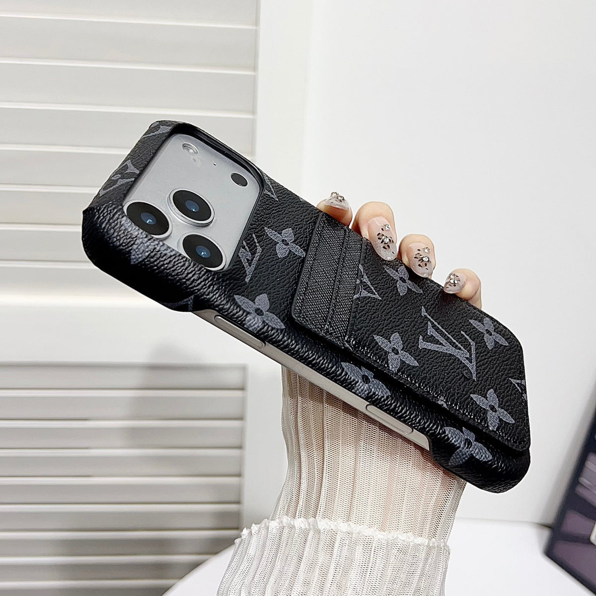 Premium Leather Wallet iPhone Case – Elegant Monogram Design with attached Card Holder