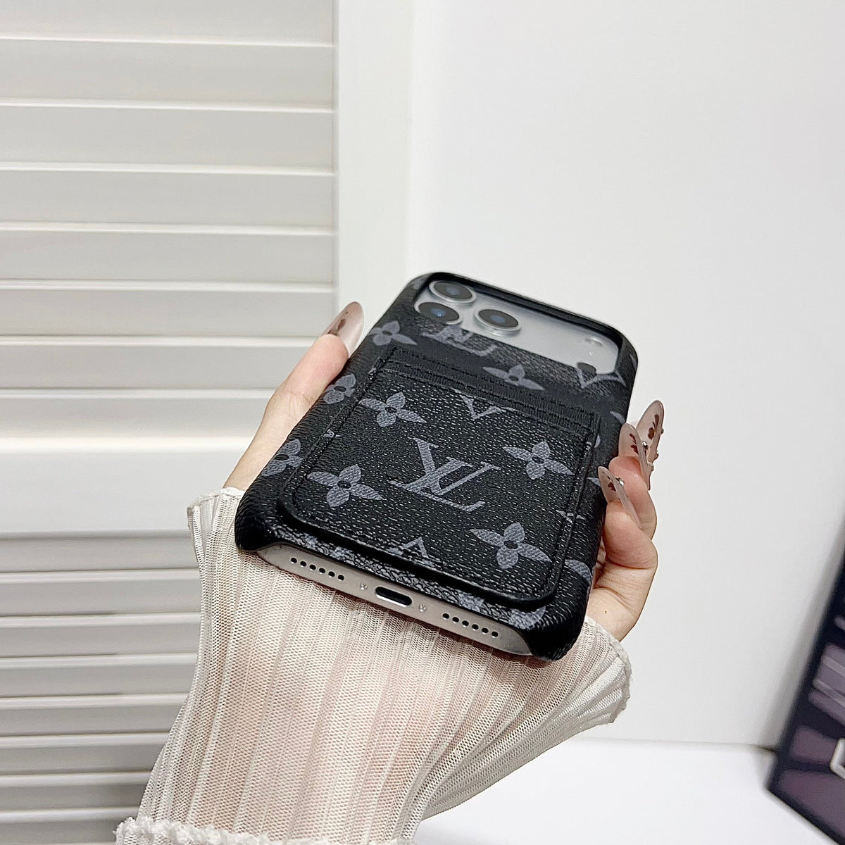 Premium Leather Wallet iPhone Case – Elegant Monogram Design with attached Card Holder
