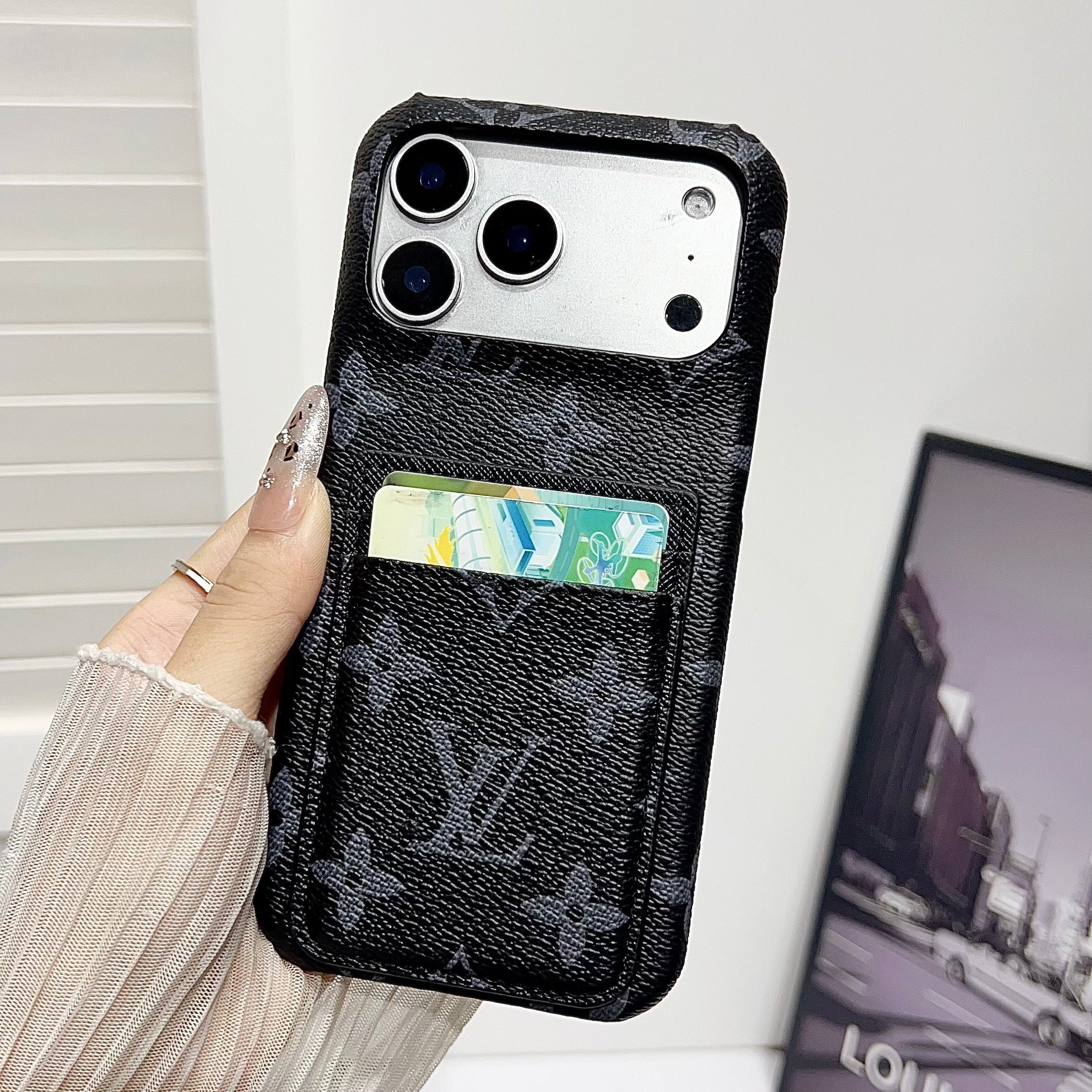 Premium Leather Wallet iPhone Case – Elegant Monogram Design with