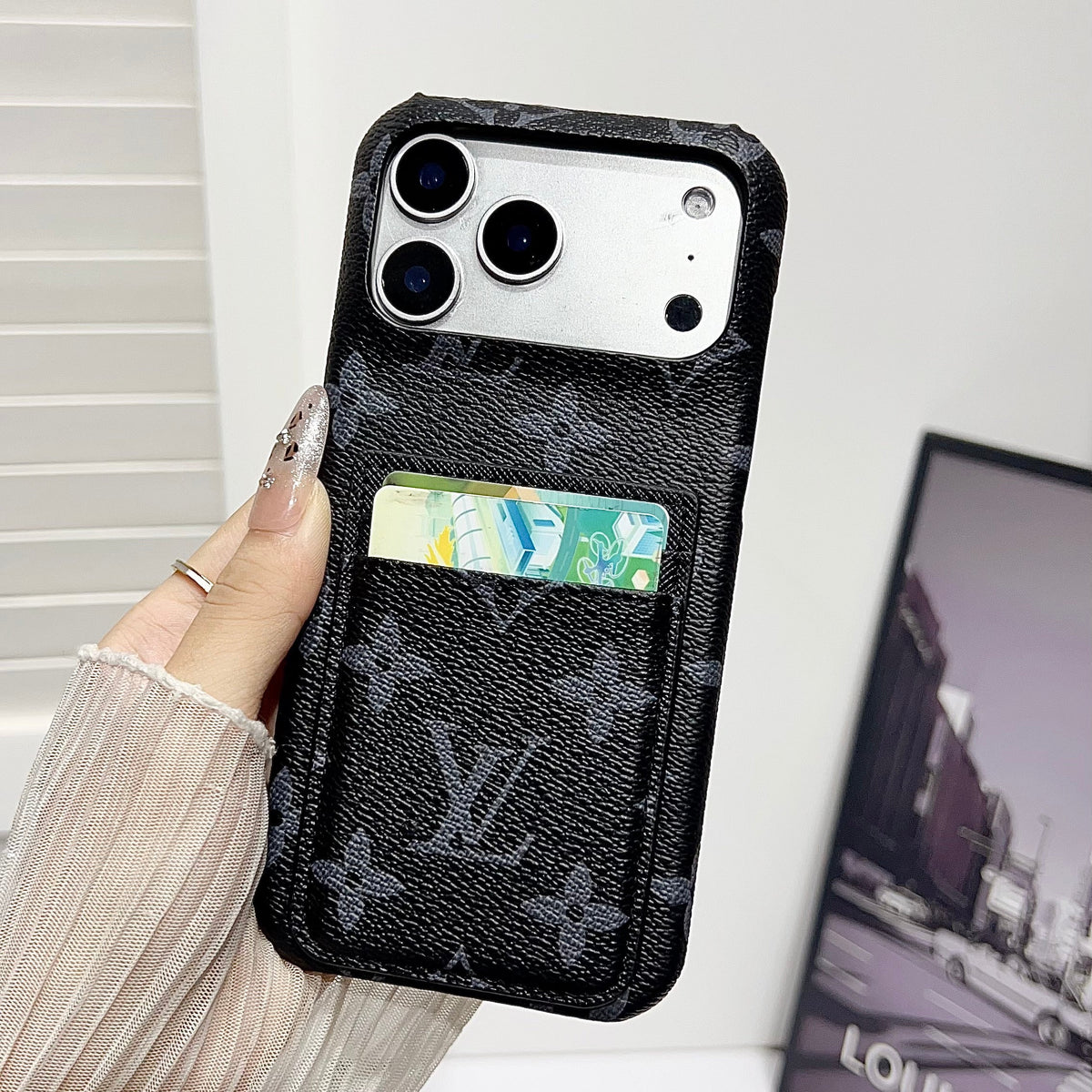 Premium Leather Wallet iPhone Case – Elegant Monogram Design with attached Card Holder