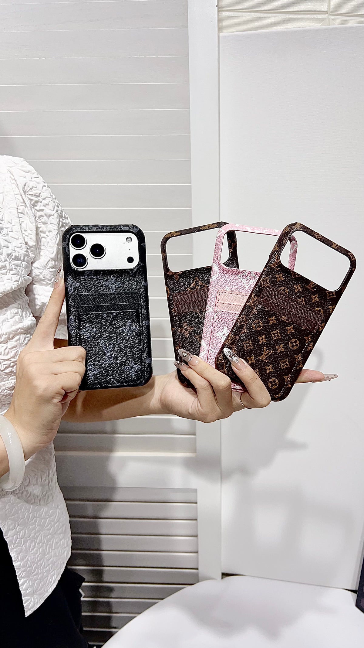 Premium Leather Wallet iPhone Case – Elegant Monogram Design with attached Card Holder
