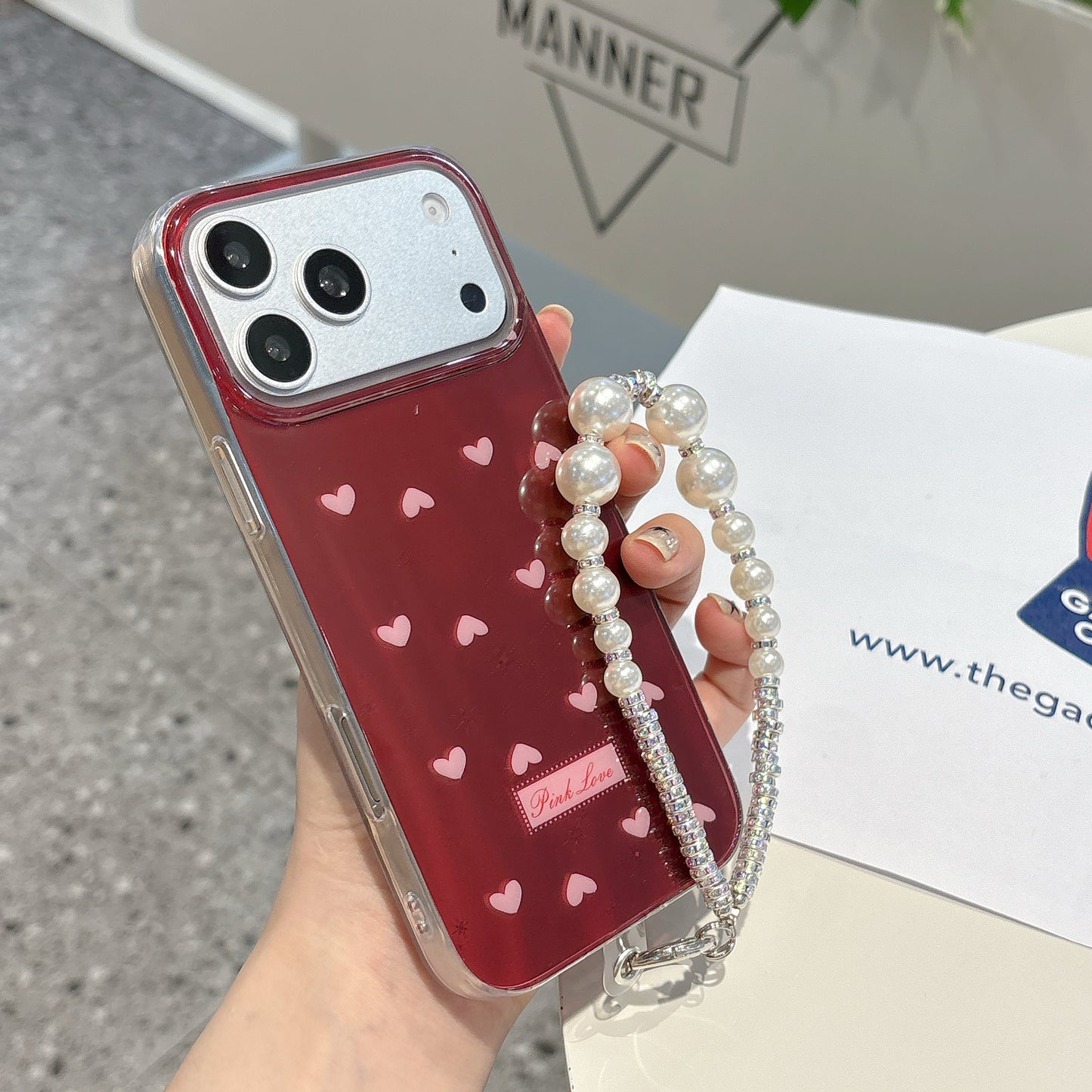 Ruby Heart Pearl Strap iPhone Case – Glossy Red Cute Phone Cover