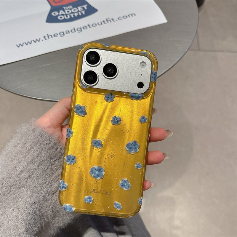 Luxury Glitter Yellow Case for iPhone with 3D Blue Flowers—Shockproof Camera Protection