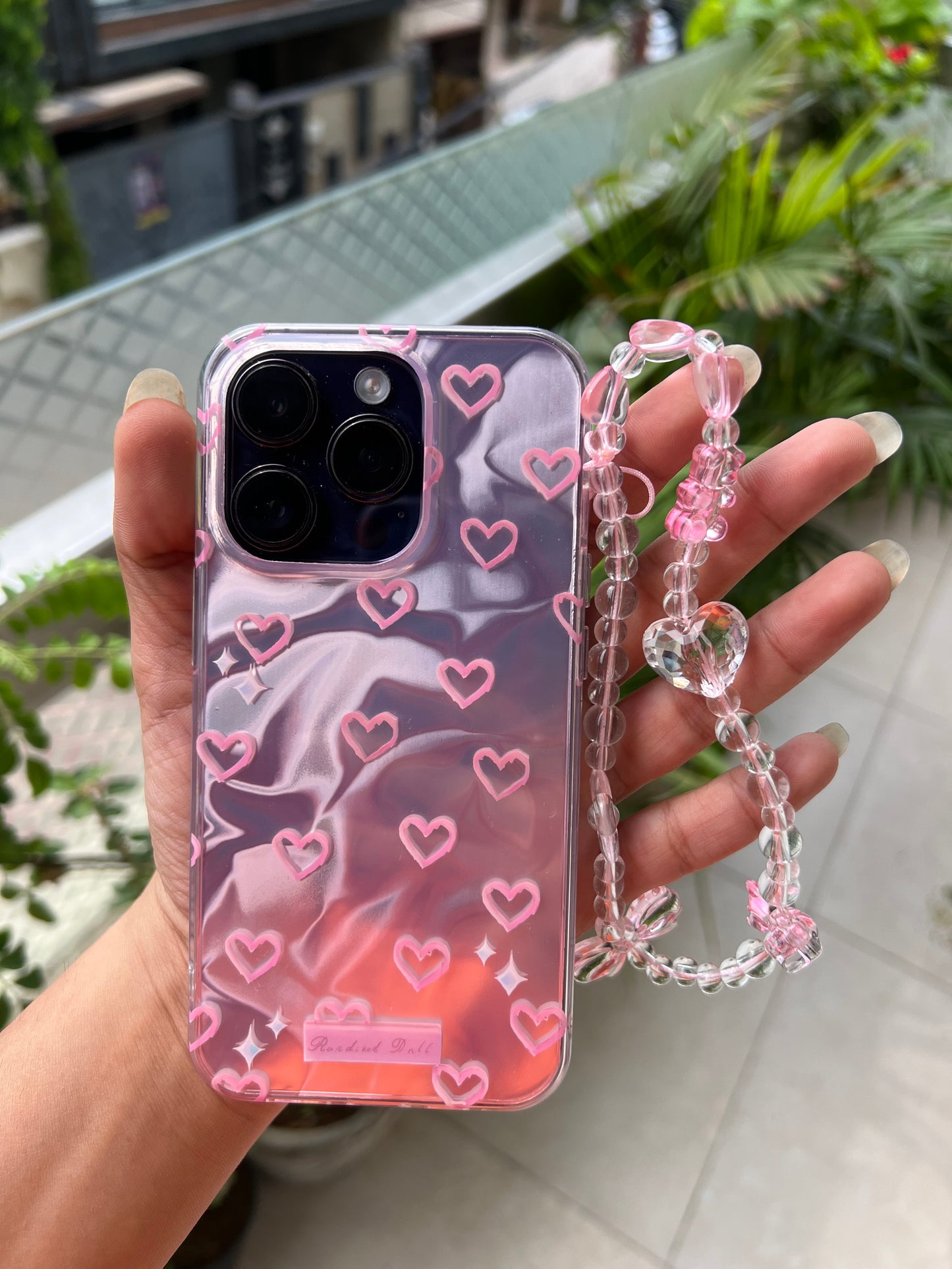 Pink Hearts Holographic Case with Beaded Charm
