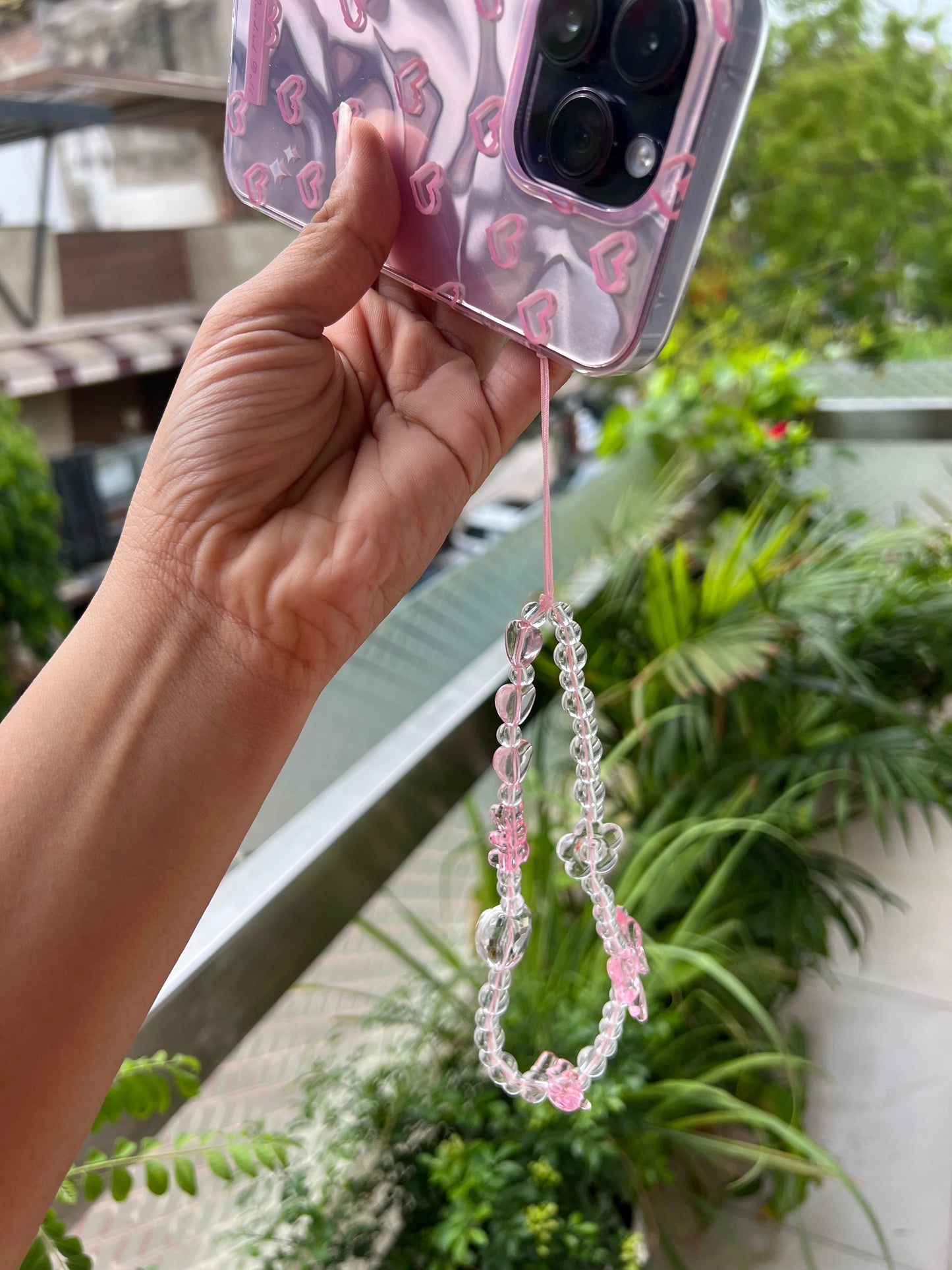 Pink Hearts Holographic Case with Beaded Charm