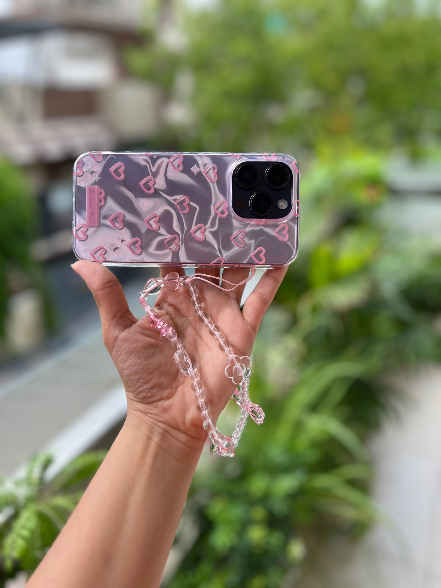 Pink Hearts Holographic Case with Beaded Charm