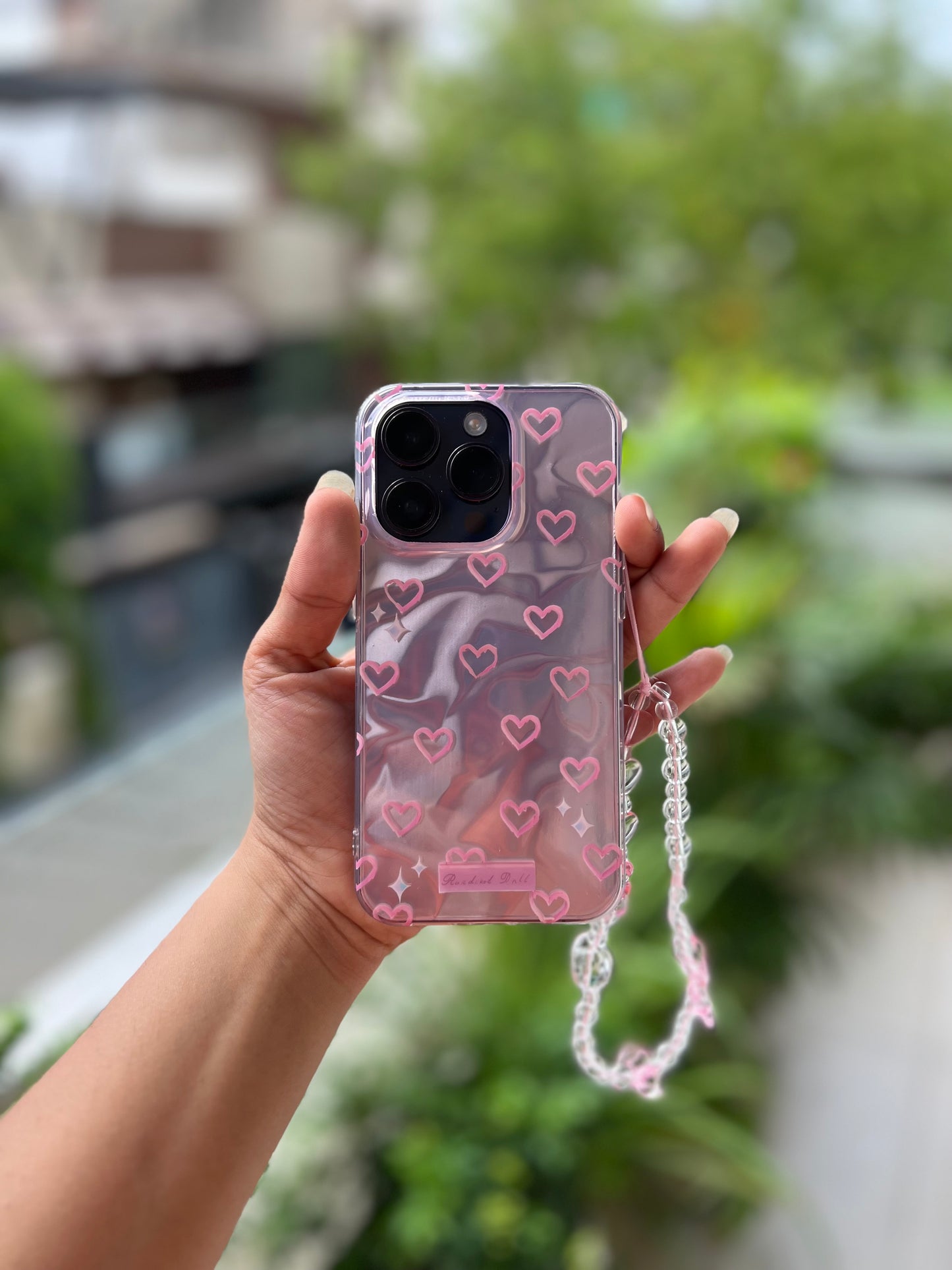 Pink Hearts Holographic Case with Beaded Charm