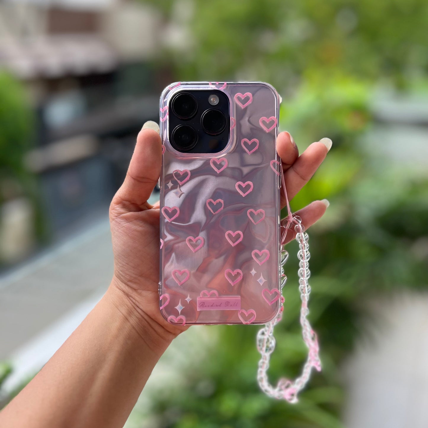 Pink Hearts Holographic Case with Beaded Charm